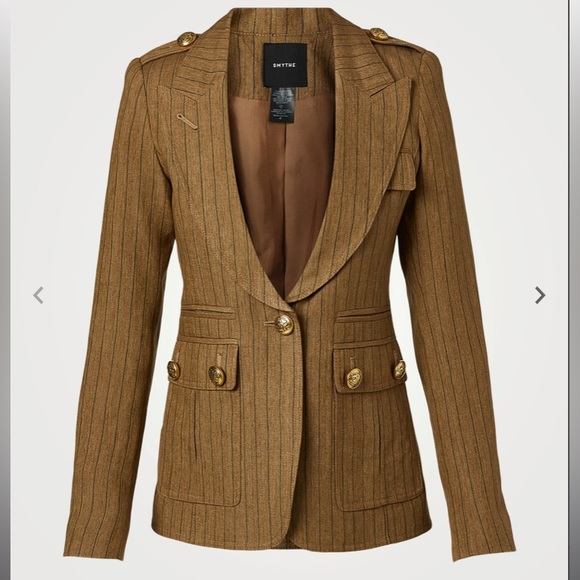 Like New: SMYTHE Peaked Lapel Blazer With Cargo Pocket in Burlap Stripe Size 4 - Picture 2 of 6